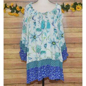 Avenue Boho Blue Floral Pullover Tunic Blouse Top Plus Size 30W 32W Mixed Print
